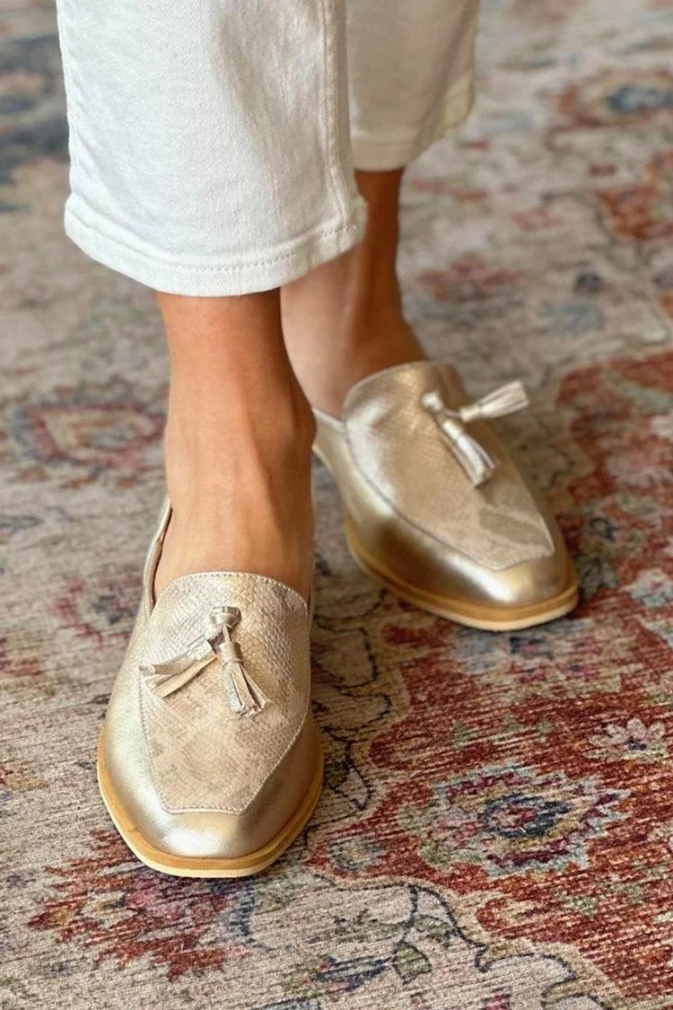 Valérie | Mocassins Dorés Bout Carré Effet Serpent