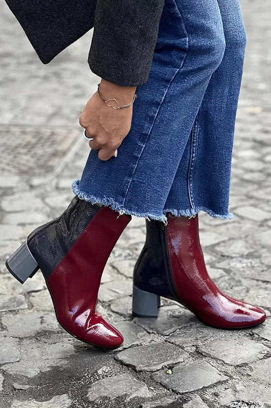 Jeanne | Bottes Bordeaux Color Block Bout Rond à Talon Épais et Zip
