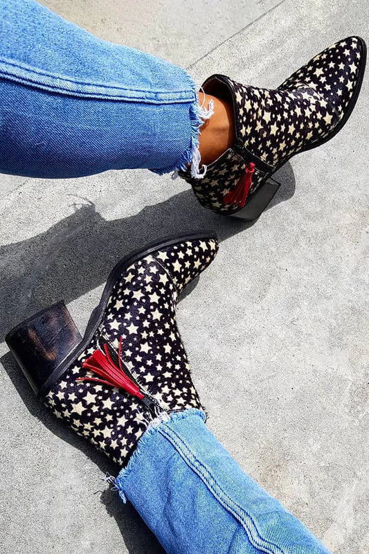 Marine | Bottes Western Noires à Étoiles et Pompons