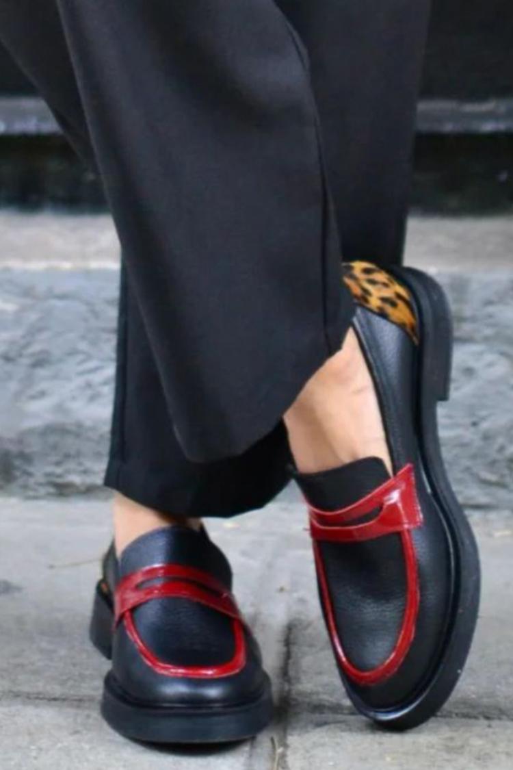 Noëlle | Mocassins Noirs à Plateforme et Contraste Léopard