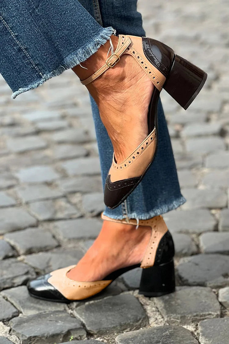 talons larges kaki à bout rond, bride cheville, boucle et patchwork.