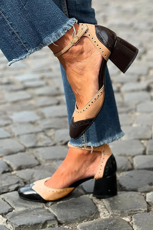 talons larges kaki à bout rond, bride cheville, boucle et patchwork.