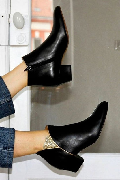 Héloïse | Bottines Noires Pointues à Zip et Empièces