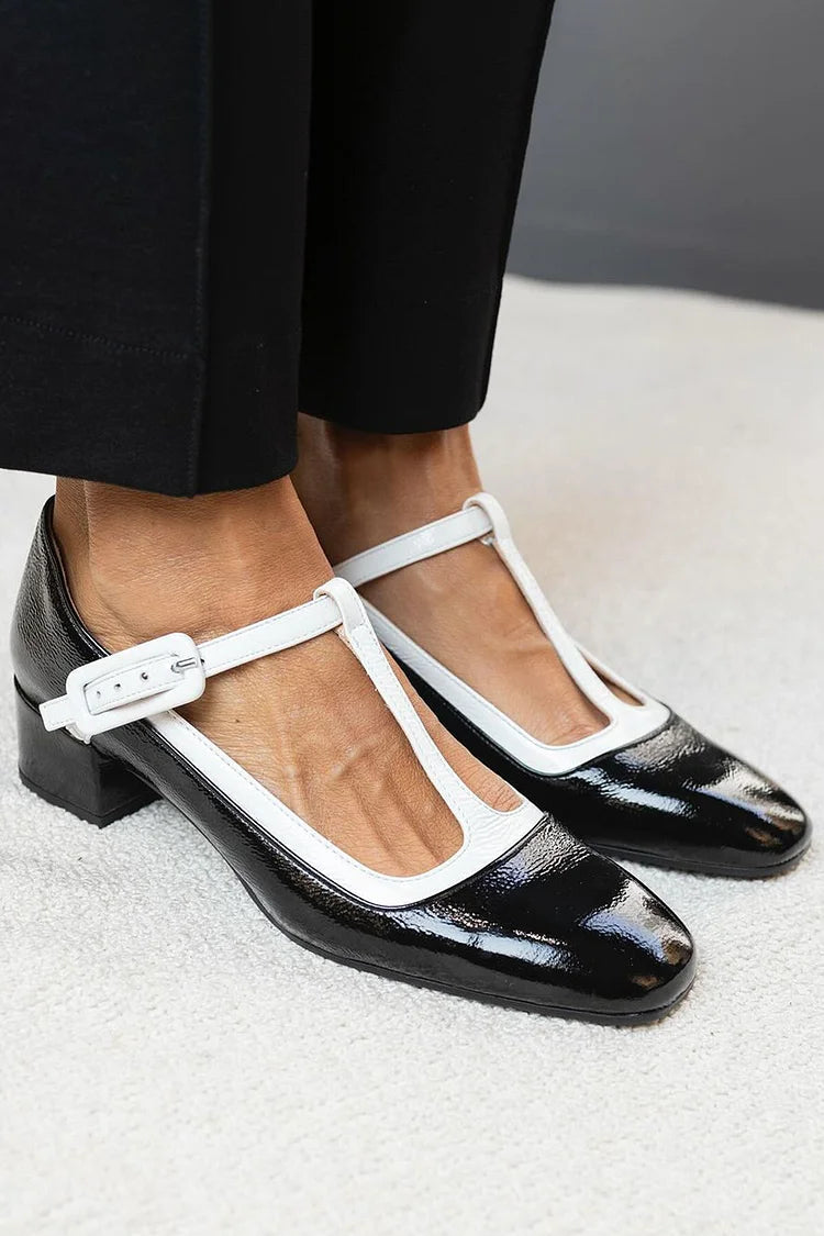 Talons larges color block Noir à bout carré avec boucle et bride en T [Précommande]