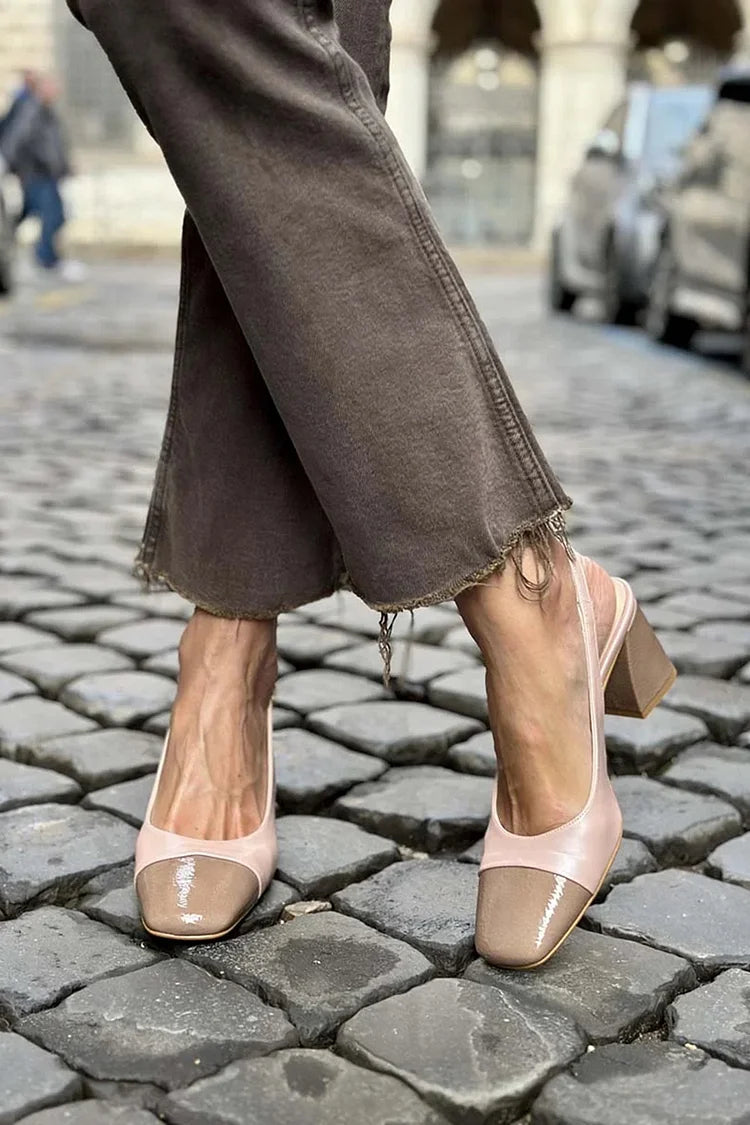 Chaussures à Talon Épais Rose Clair, Bout Carré et Talon Ouvert Colorblock.