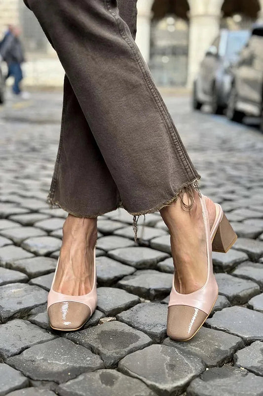 Chaussures à Talon Épais Rose Clair, Bout Carré et Talon Ouvert Colorblock.