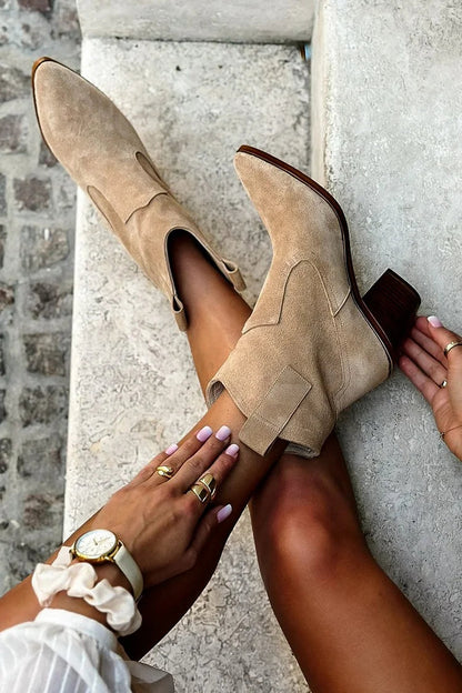 Laetitia | Bottes Kaki en Suédine Pointues à Empiècements