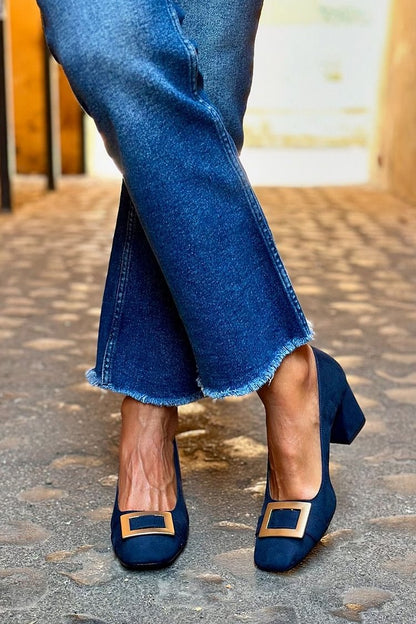 Talons larges patchwork Bleu Marine à bout carré