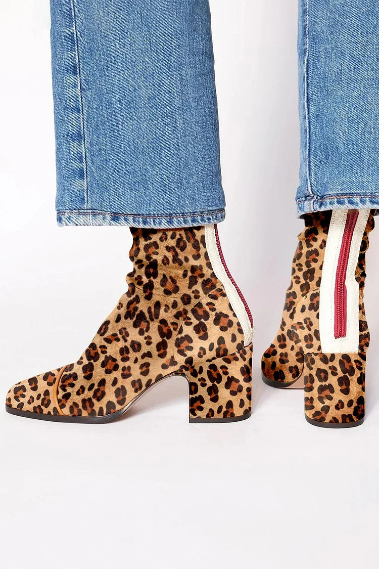 Blanche | Bottes Léopard Marron Clair à Bout Carré et Talon Épais