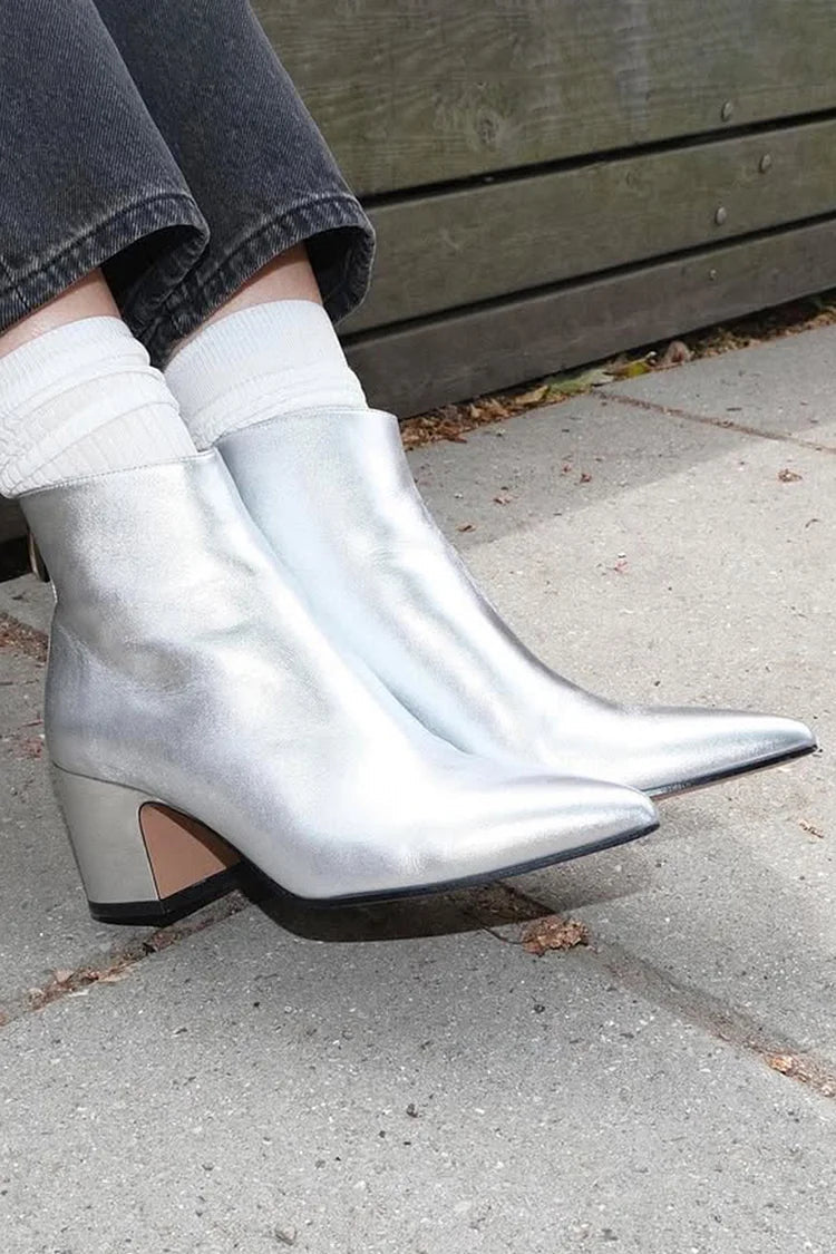 Danièle | Bottes Argentées Pointues à Talon Épais