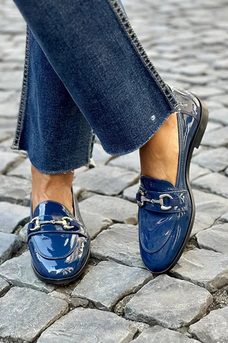 Mocassins métallisés Bleu Marine à bout rond avec boucle