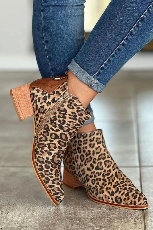 Cassandre | Bottines Kaki Pointues Léopard à Talon Mi-Haut