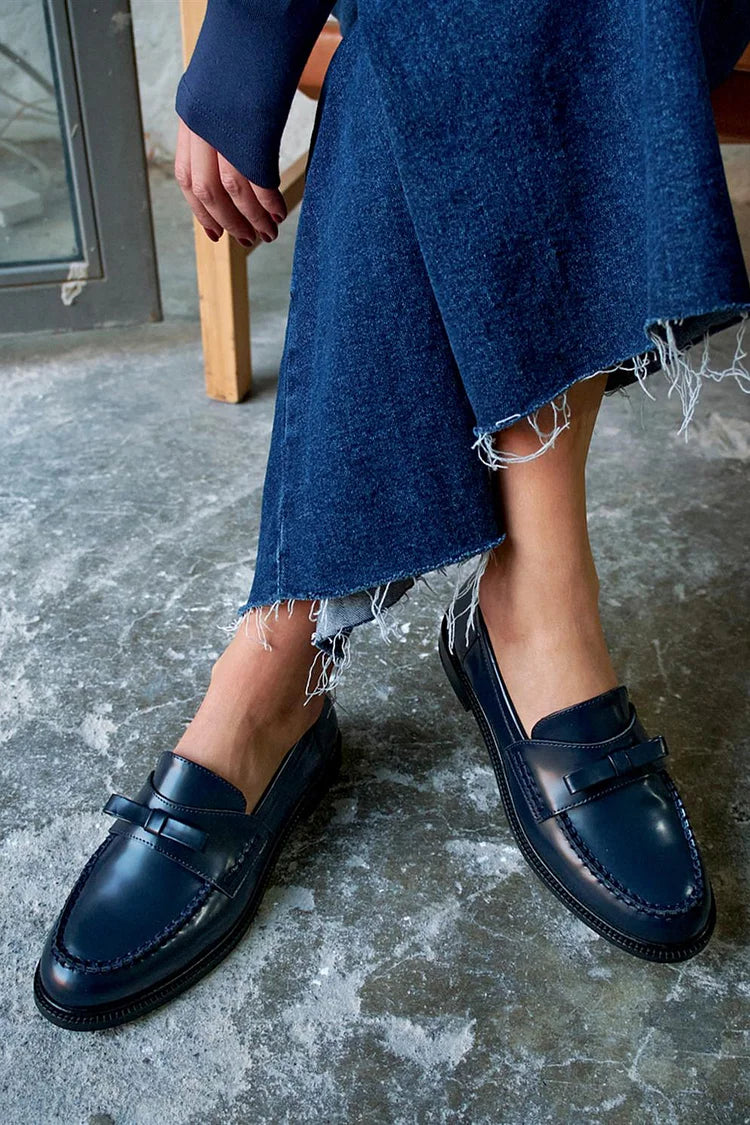 Mocassins patchwork Bleu Marine unis à bout rond avec nœud