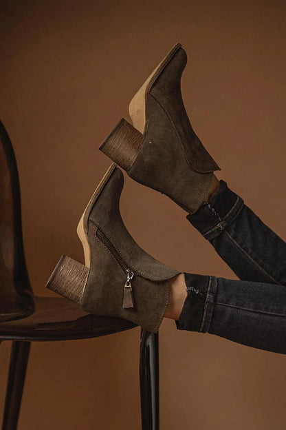 Domitille | Bottines Marron Foncé à Talon Épais et Surpiqûres