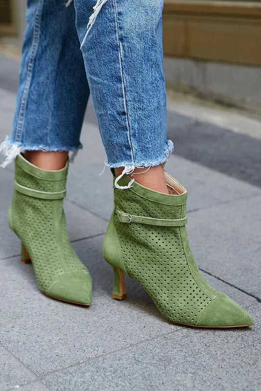 Nathalie | Bottes Vertes en Suédine Pointues à Boucle et Bride