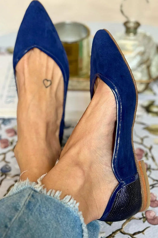 Ballerines Bleu Marine Élégantes Imprimé Python Patchwork à Bout Pointu.