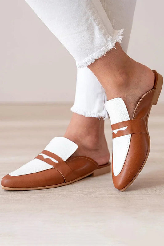 Mules Marron Patchwork Color Block à Bout Pointu.