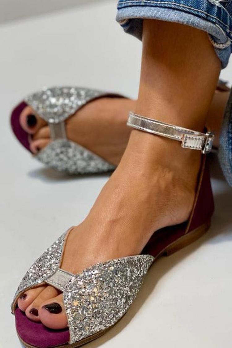 sandales argent pailletées à bride cheville, boucle et bout ouvert.