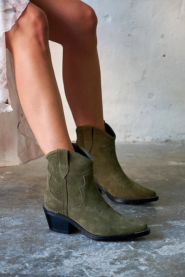 Hélène | Bottes Western Vertes Pointues à Surpiqûres