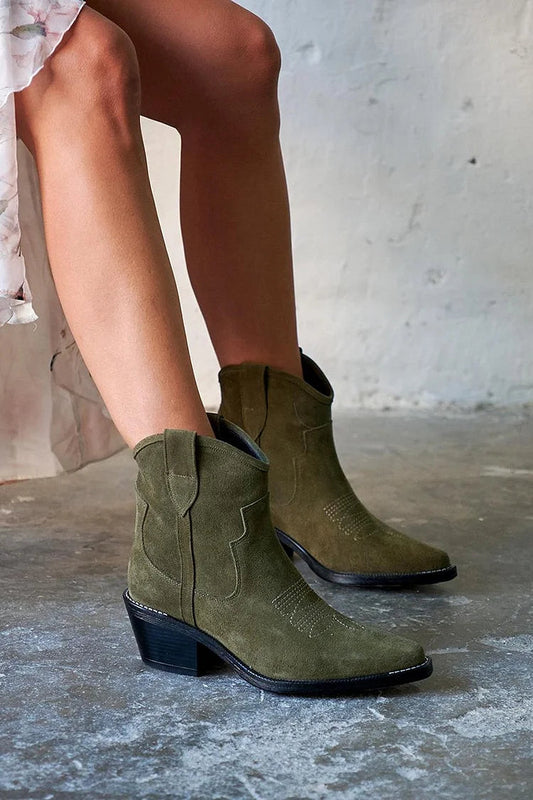 Hélène | Bottes Western Vertes Pointues à Surpiqûres