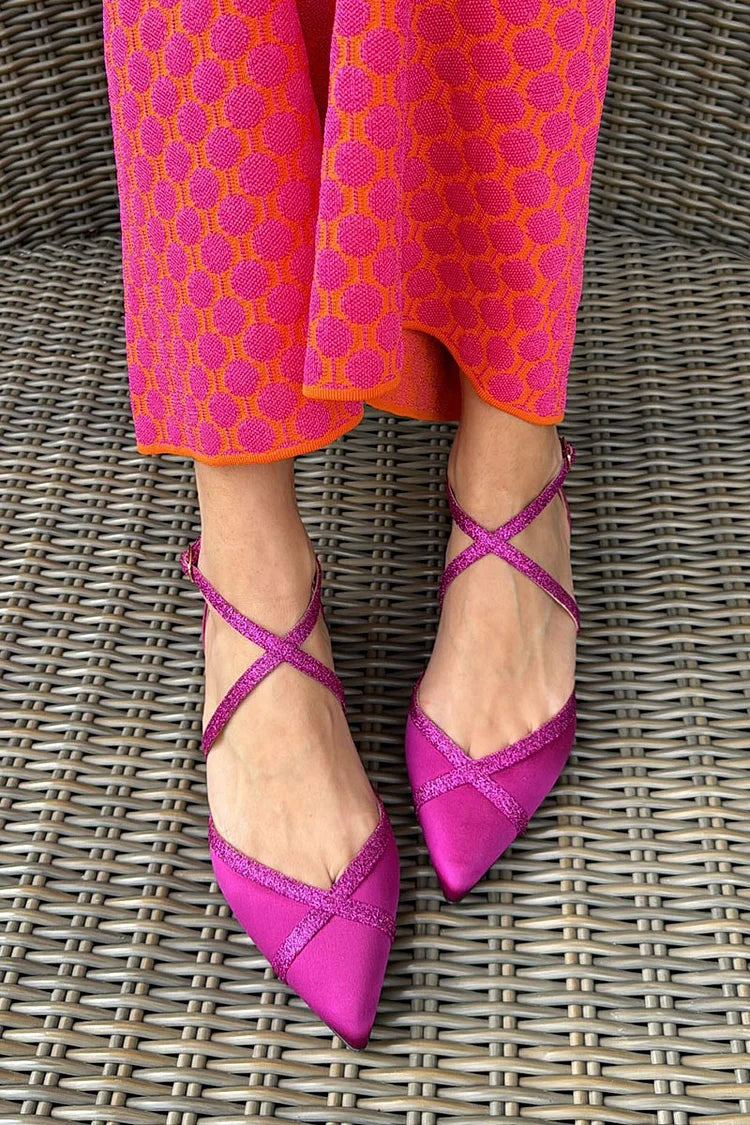 Ballerines Fuchsia à Bout Pointu, Boucle, Bride Croisée et Patchwork Pailleté.