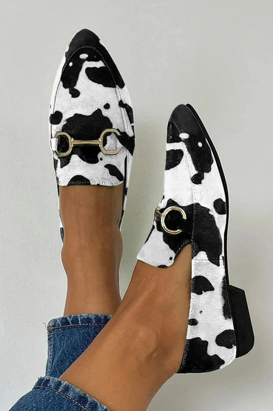 Ballerines Noires à Bout Effilé avec Boucle Métallique et Imprimé Vache.