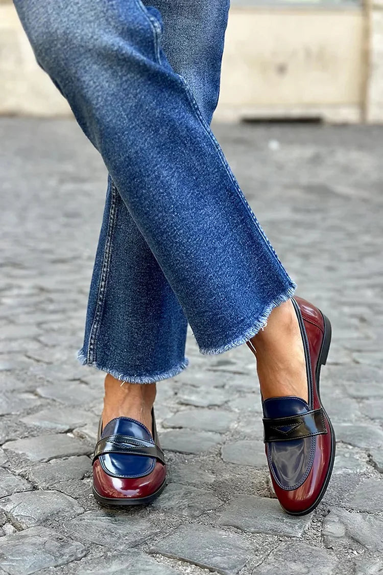 mocassins bordeaux à bout rond et patchwork color block.