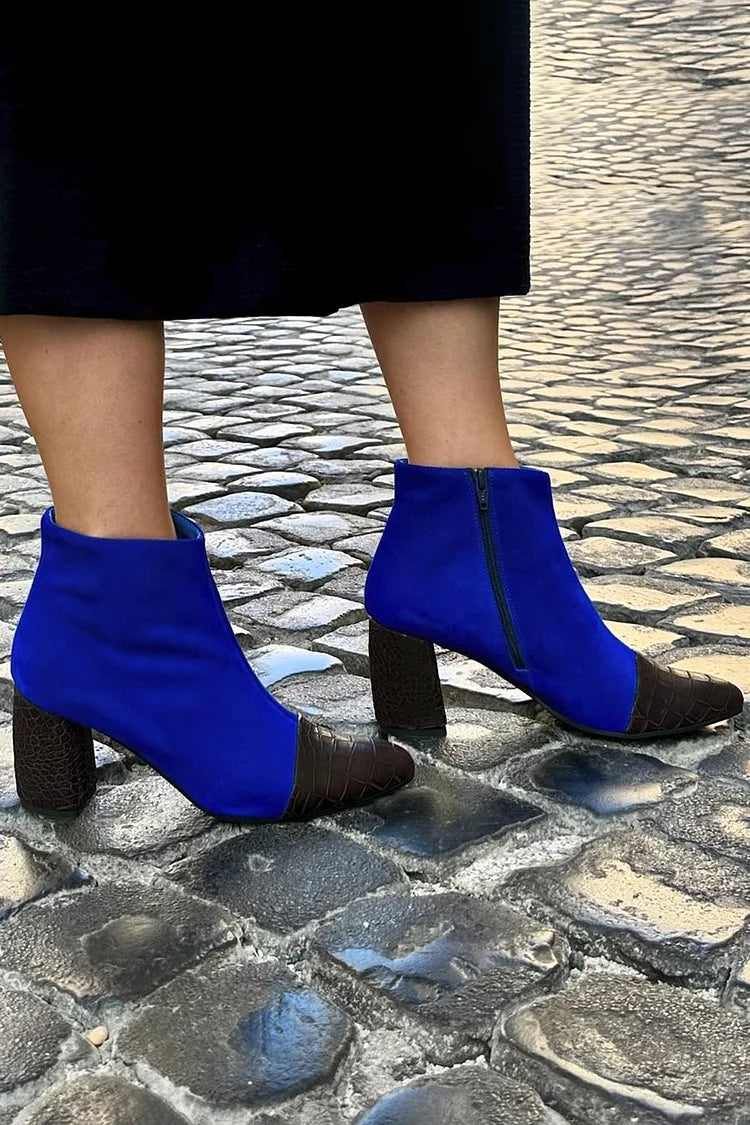 Léonie | Bottes Bleues en Velours Effet Croco à Talon Épais