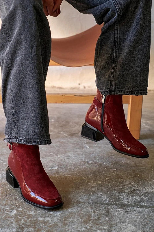Viviane | Bottes Bordeaux à Empiècements Bout Rond Talon Épais et Zip