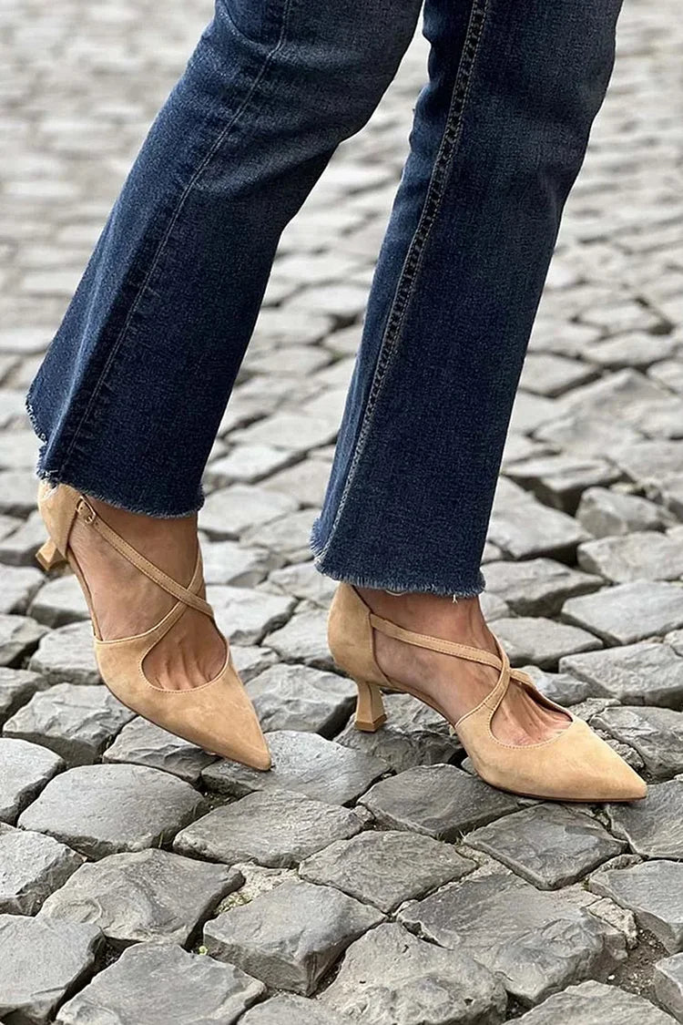 Talons bas pointus Kaki unis avec boucle et brides croisées