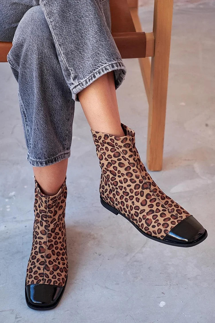 Capucine | Bottines Marron à Bout Carré et Empièces Léopard