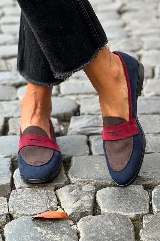 Mocassins color block patchwork Bleu Marine à bout rond
