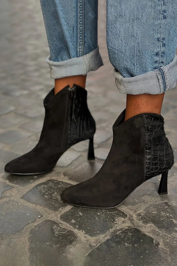 Gisèle | Bottes Noires Effet Croco à Talon Aiguille