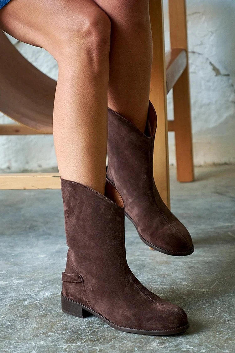 Paule | Bottes Mi-Mollet Marron Foncé en Suédine Bout Rond