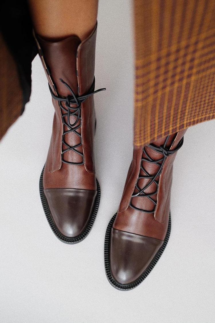 Bérénice | Bottes Motardes Rétro Marron Foncé à Lacets