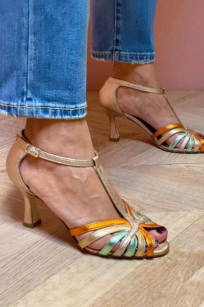 Talons aiguilles à découpes Multicolore et Or avec boucle et bride en T