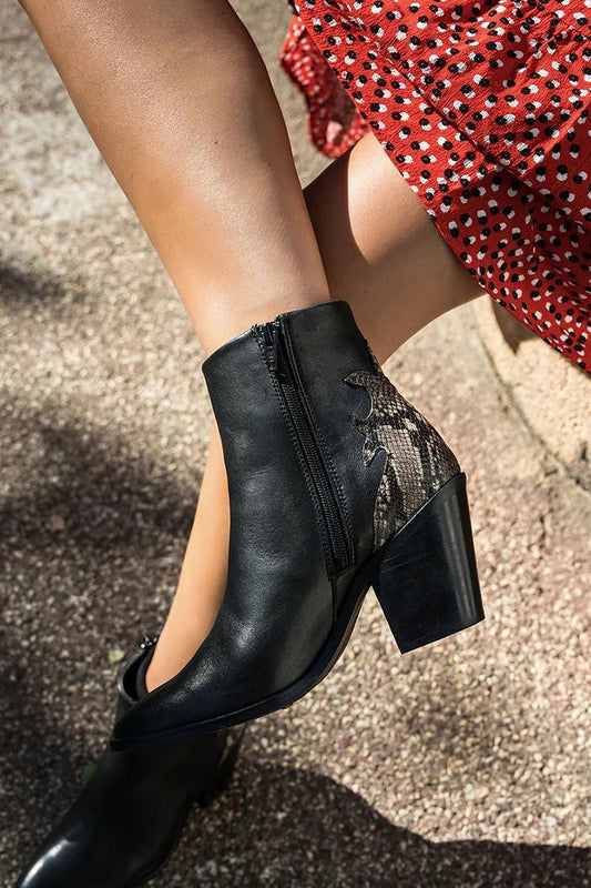 Morgane | Bottines Noires Effet Serpent à Talon Épais
