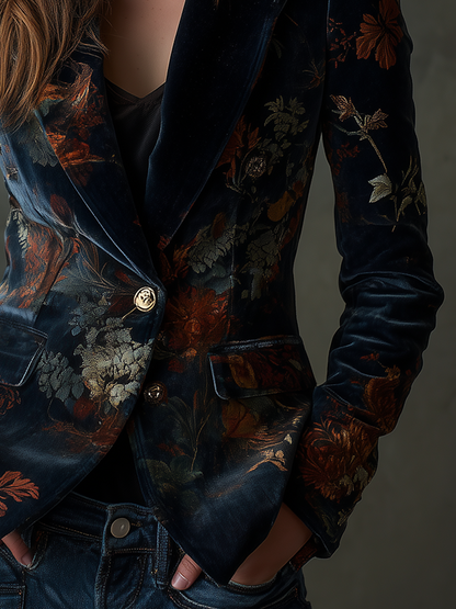 Aurélienne | Blazer en Velours Fleuri à Boutons Métalliques