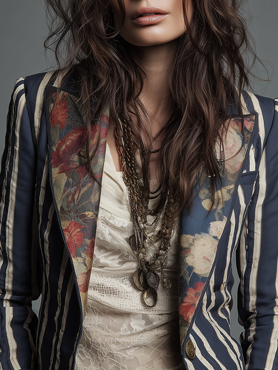 Oriane | Blazer Rayé Coton et Lin à Imprimé Fleuri