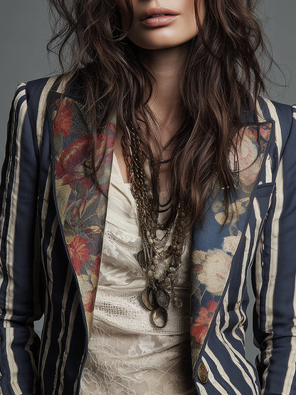 Oriane | Blazer Rayé Coton et Lin à Imprimé Fleuri