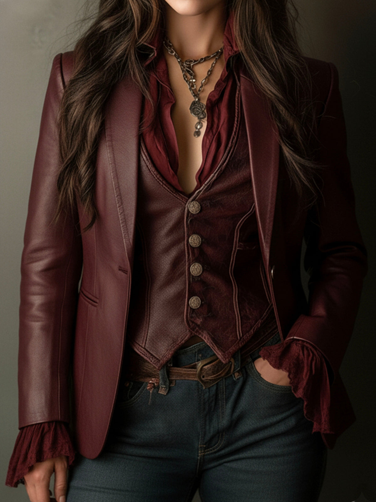 Évangéline | Blazer Bordeaux Effet Cuir