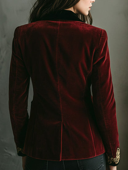 Maylis | Blazer en Velours Bordeaux Brodé d’Or à Col Noir