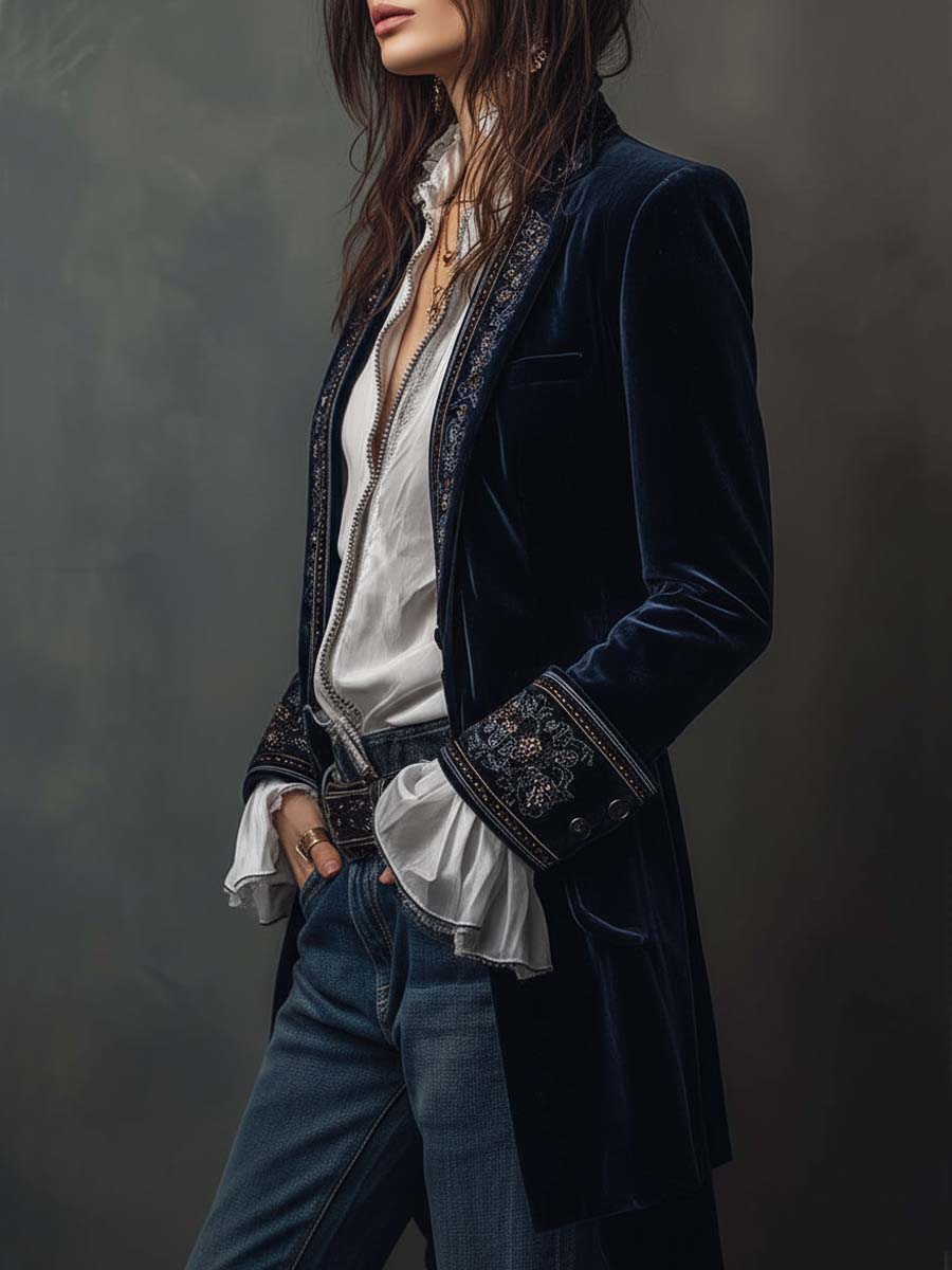 Octavia | Veste Longue Brodée Bleu Marine