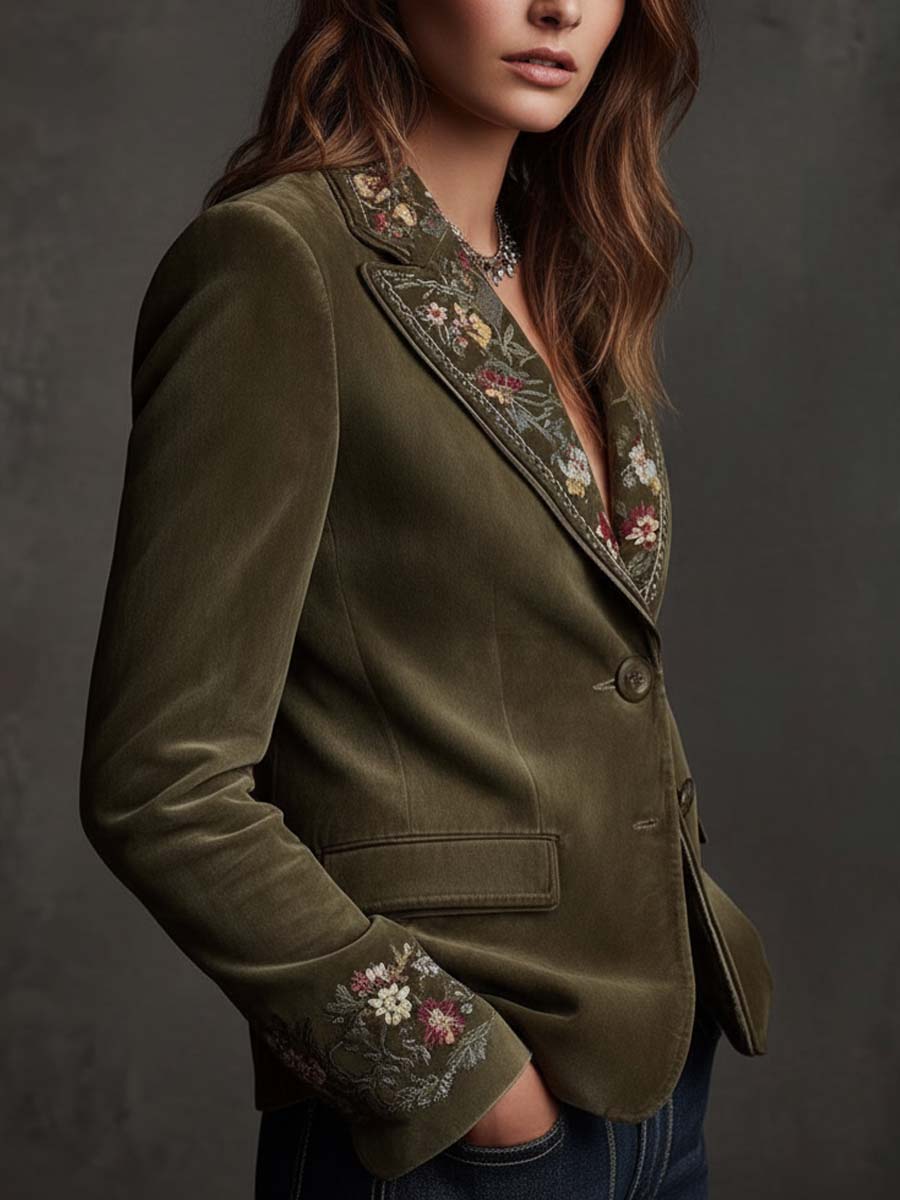 Huguette | Blazer en Velours Vert Olive Brodé de Fleurs