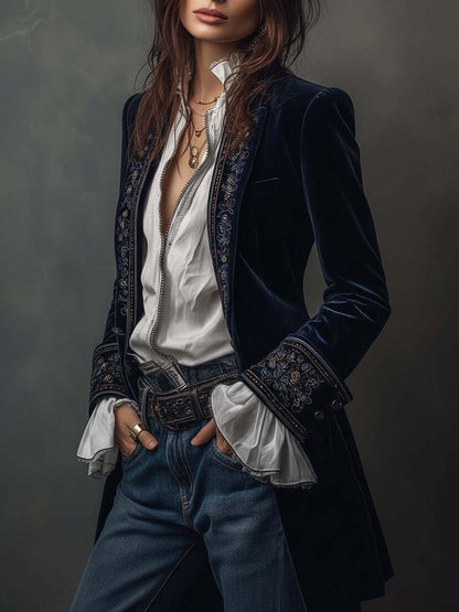 Octavia | Veste Longue Brodée Bleu Marine