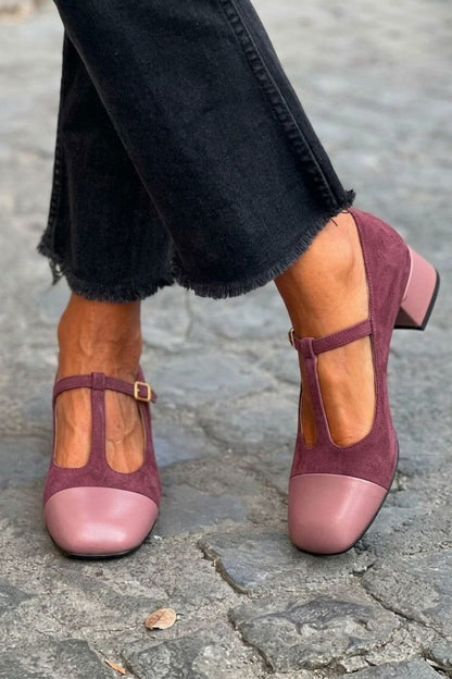 talons chunky violets à bout rond et bride en T à boucle color block.