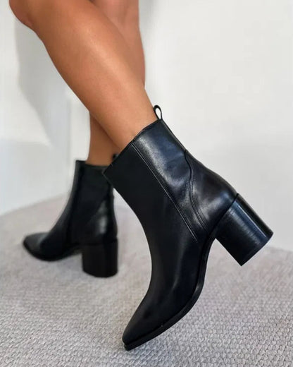 Suzanne | Bottines Noires Pointues à Talon Épais et Zip Latéral