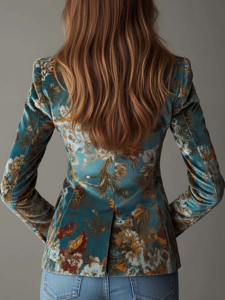 Sybille | Blazer Ajusté en Velours Fleuri Bleu Canard