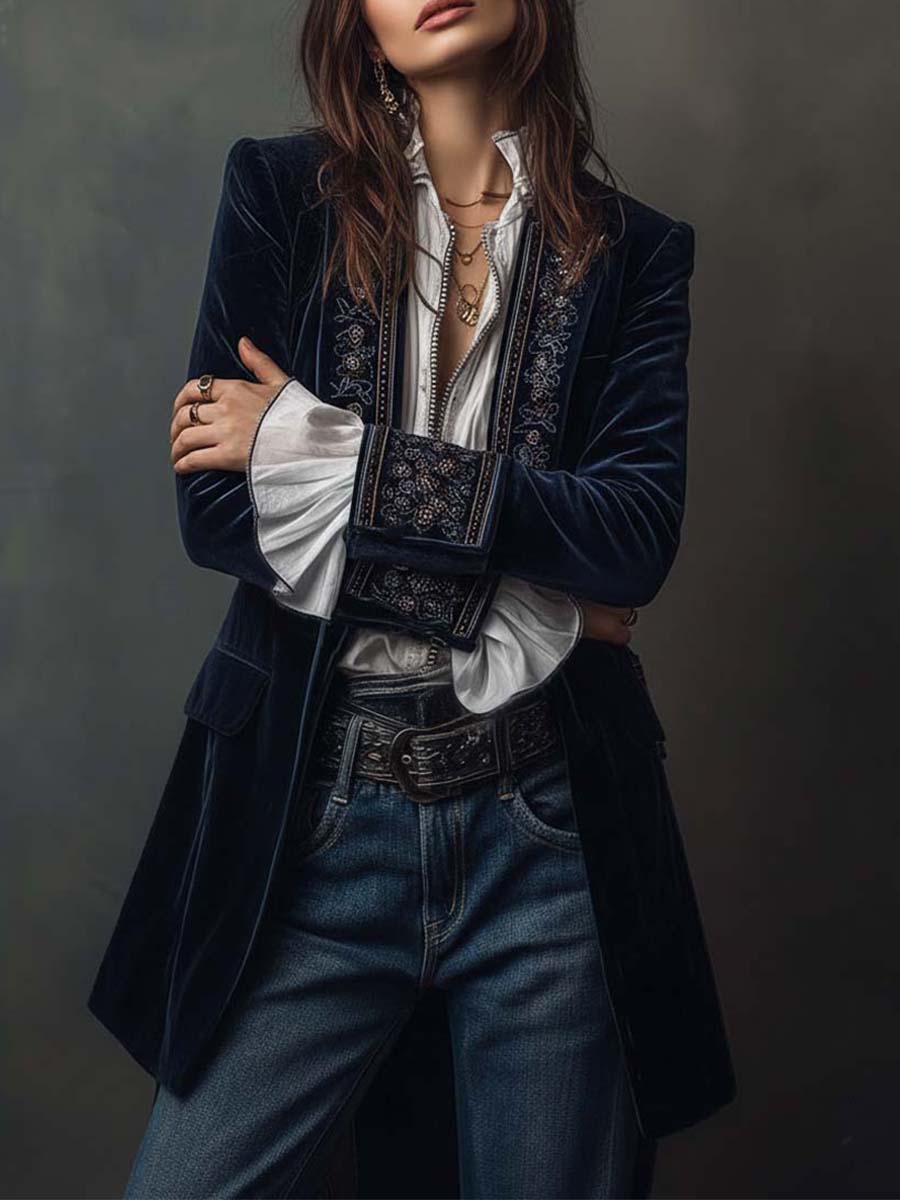 Octavia | Veste Longue Brodée Bleu Marine