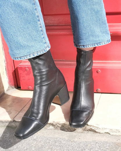 Bottines color block Noir à bout carré avec zip et petit talon bloc